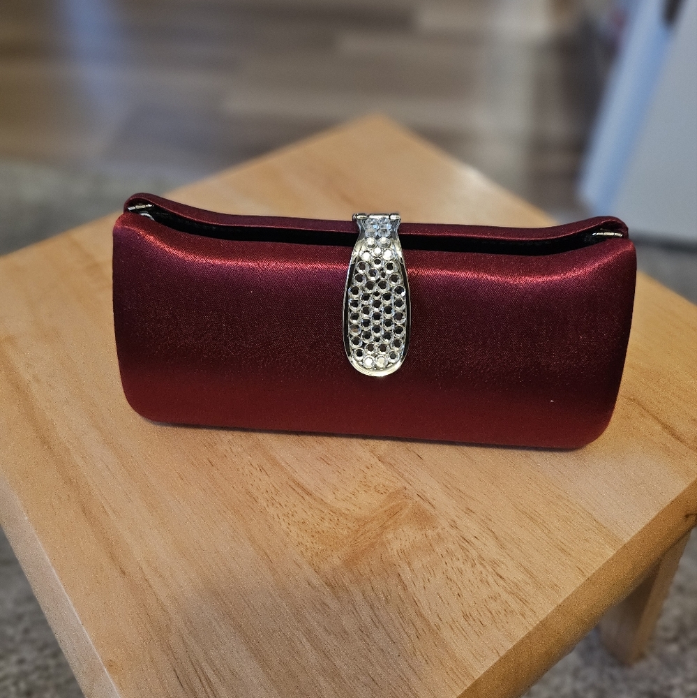 Charm’s – Burgundy Satin Evening Bag w/Faux Crystal Closure/Silver Handle